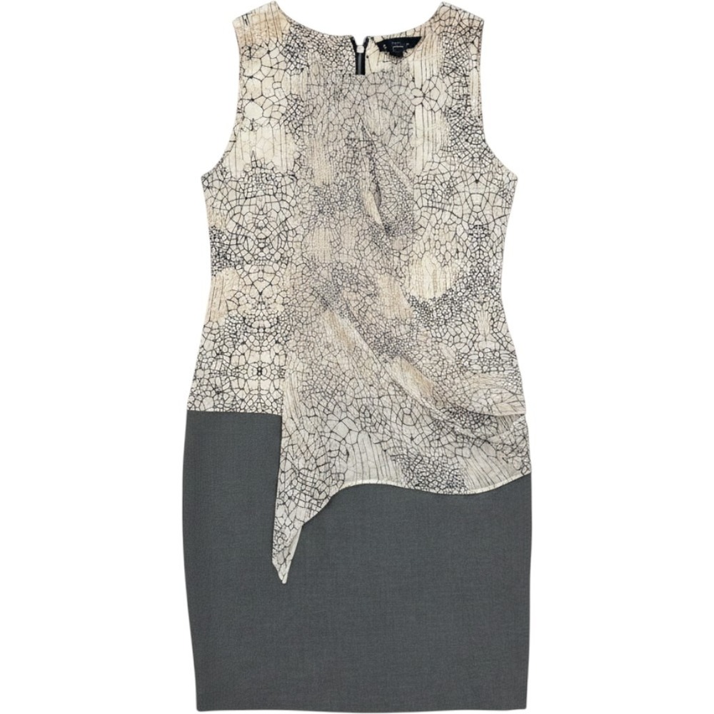 Poleci Dress Womens 4 Silk Draped Asymmetric Abstract Gray Sheath Designer